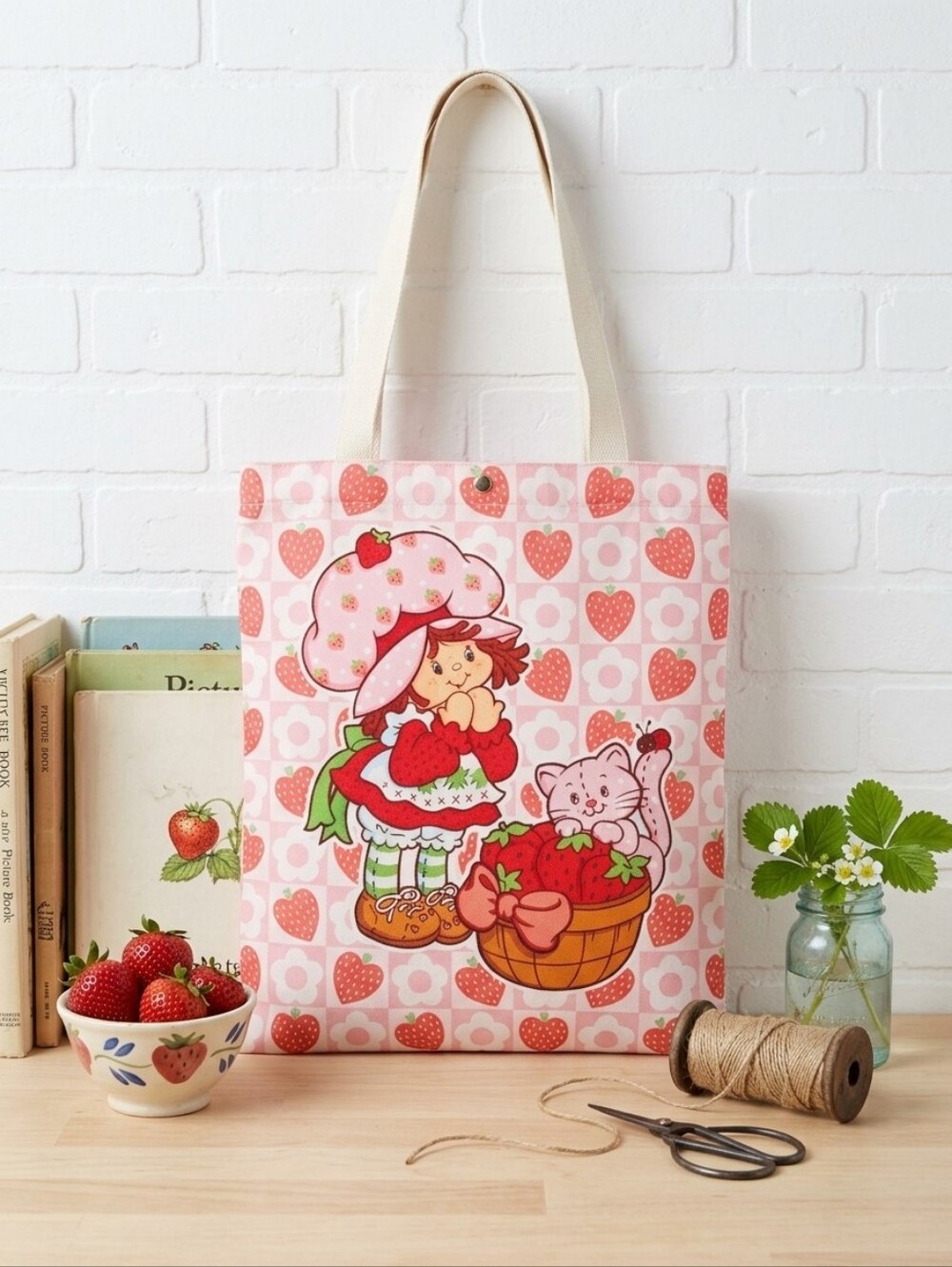 Pink Strawberry Print Canvas Tote Bag